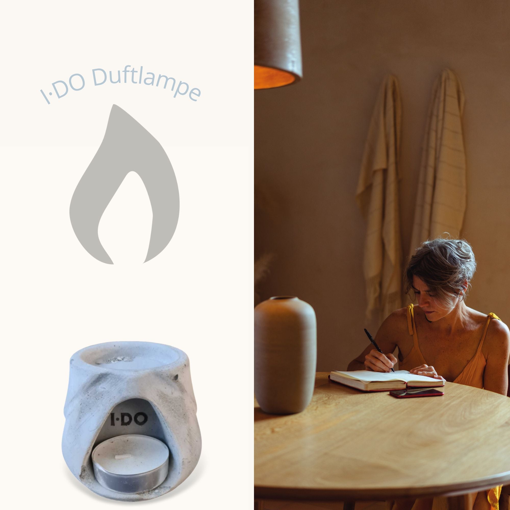 Duftlampe von I·DO – ein Mädchen, das ein paar Zeilen in ihr Notizbuch schreibt.