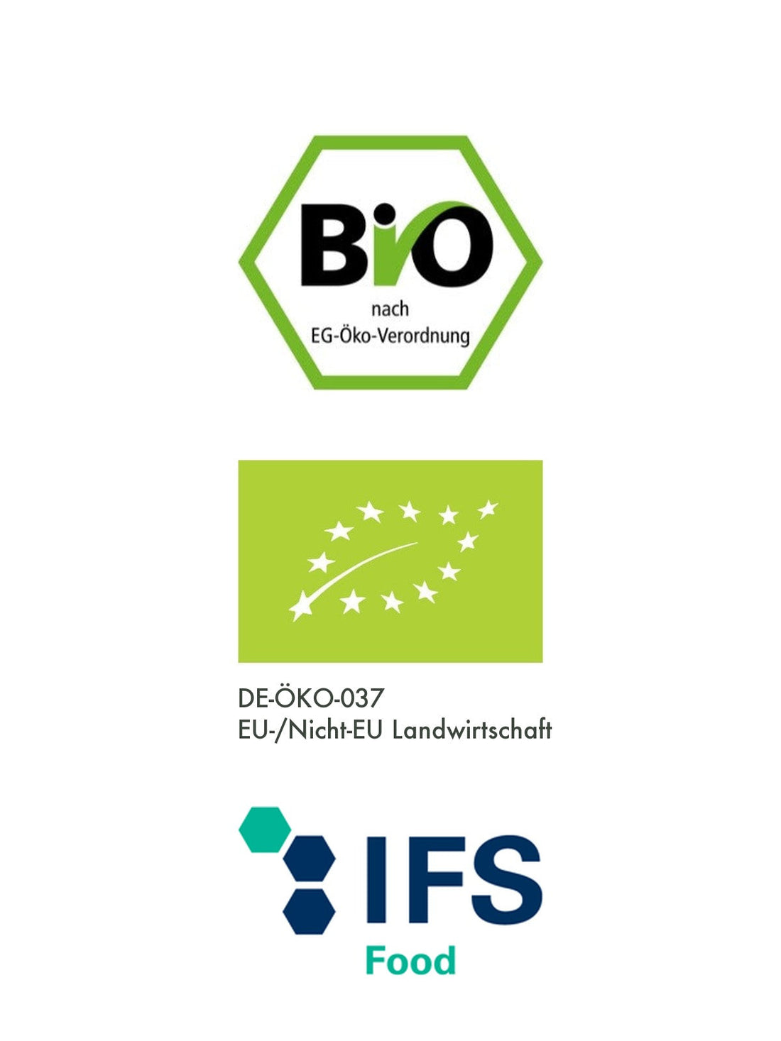 Das deutsche Bio-Siegel nach EG-Öko-Verordnung, das EU-Bio-Logo, die Kontrollstellennummer DE-ÖKO-037 und der Hinweis auf die IFS-zertifizierte Produktion