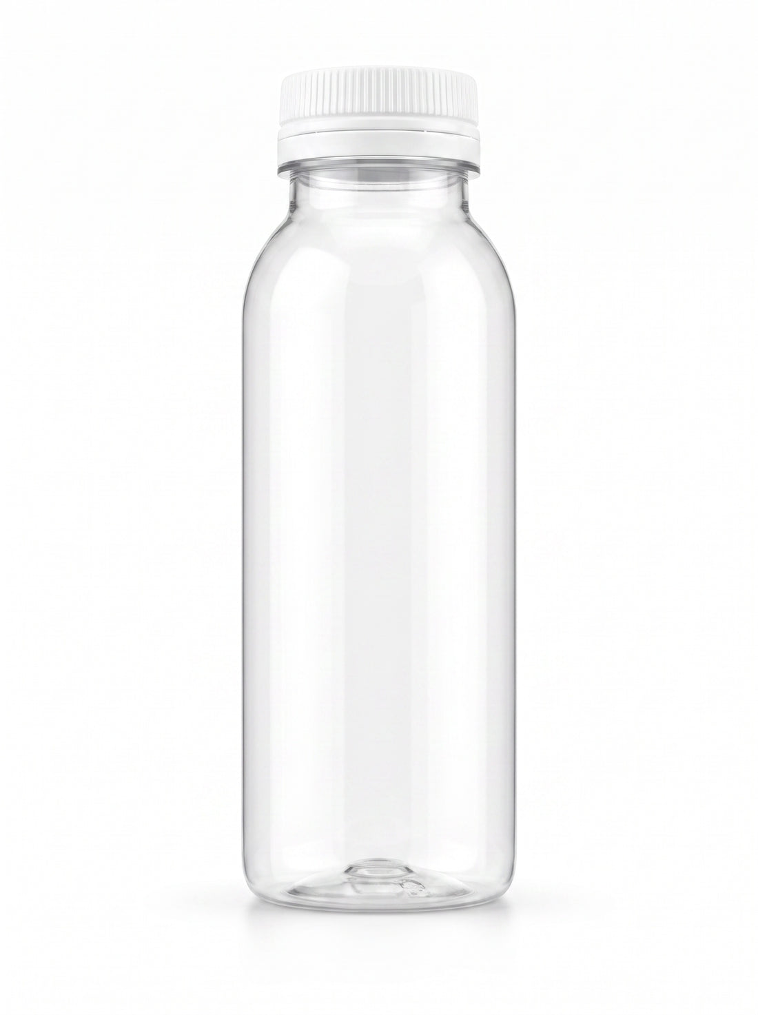 Eine leere, unetikettierte I·DO PET-Flasche mit weißem Schraubverschluss vor weißem Studiohintergrund