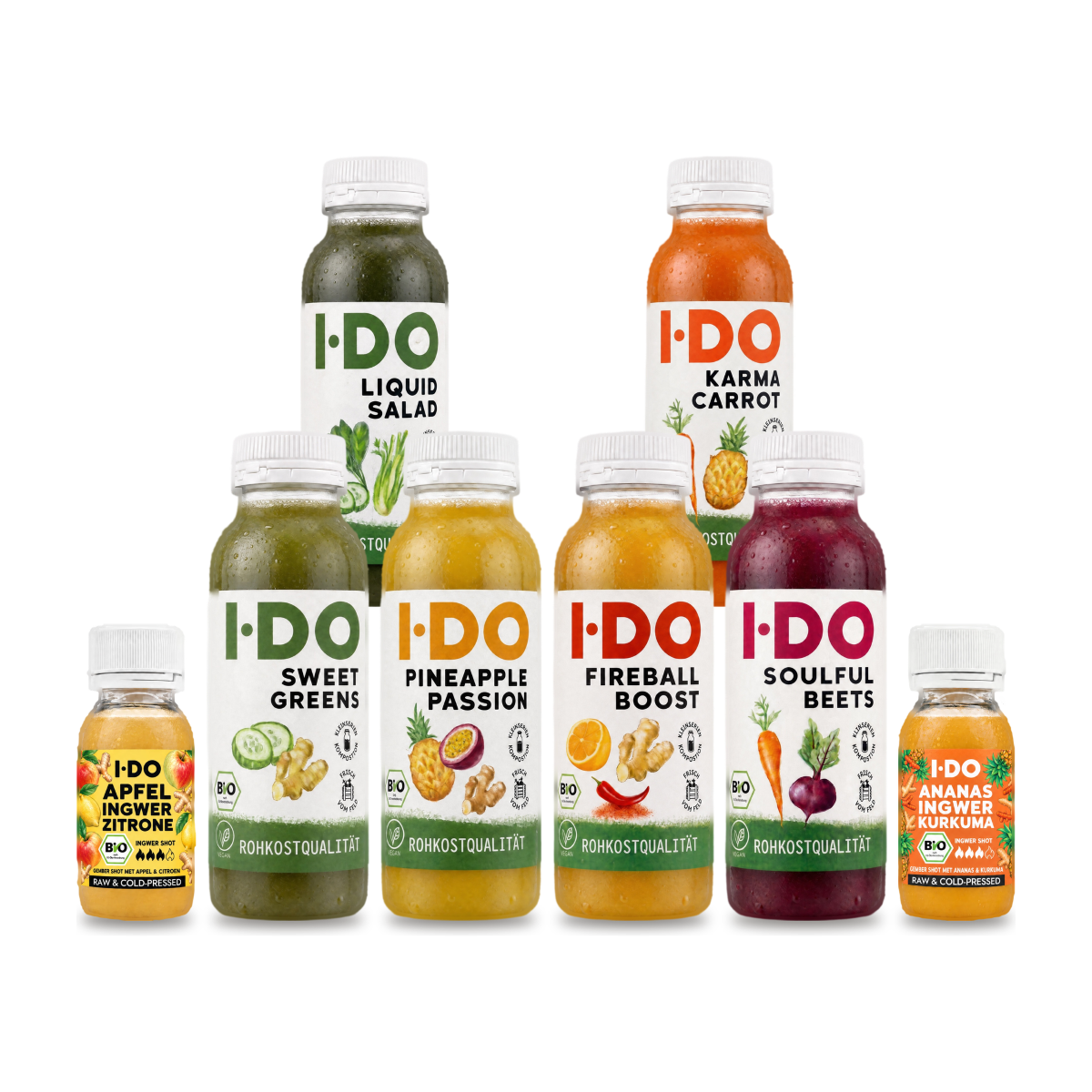 Bio Safttag von I·DO: sechs kaltgepresste Bio-Säfte und zwei Bio-Ingwer-Shots für einen Tag