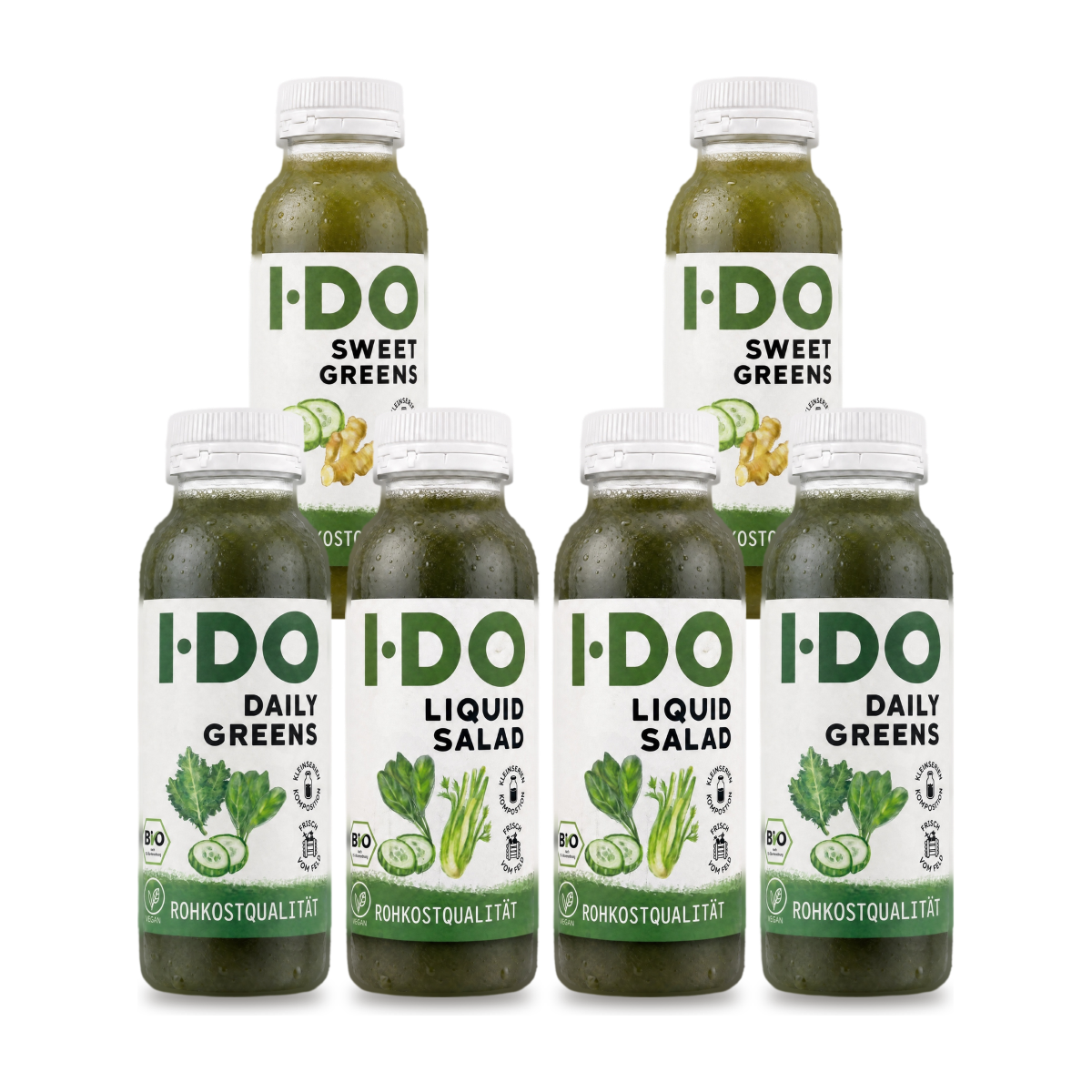 Juice cleanse with Florian Sauer: six green I·DO organic juices for one day, two each of Daily Greens, Liquid Salad and Sweet Greens
