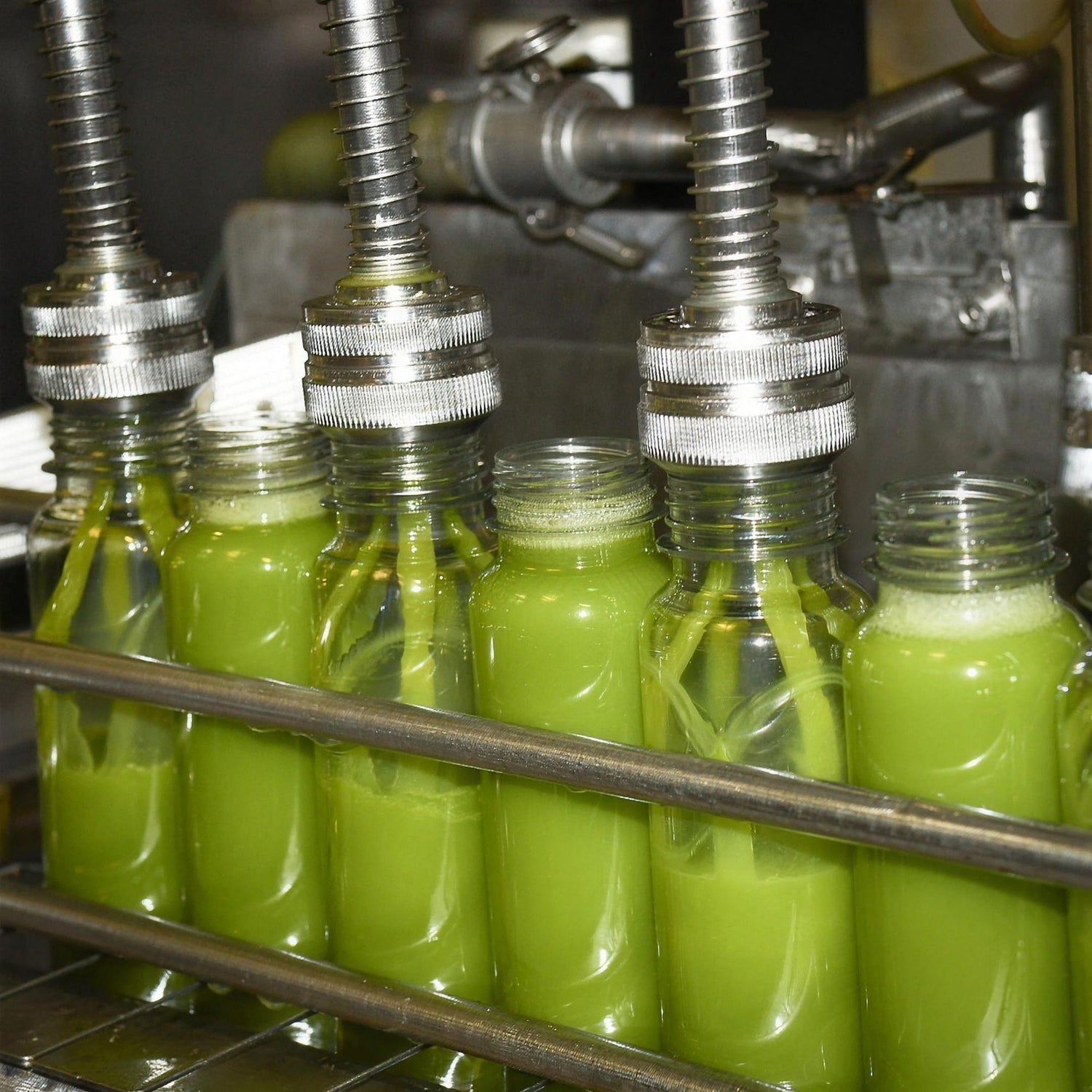 Flaschen werden an der Abfüllanlage mit frisch gepresstem grünem Bio-Saft befüllt