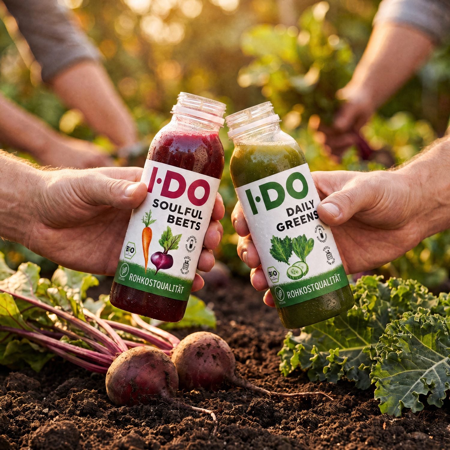 Zwei Hände stoßen mit I·DO Soulful Beets und Daily Greens Flaschen über dunkler Ackererde an