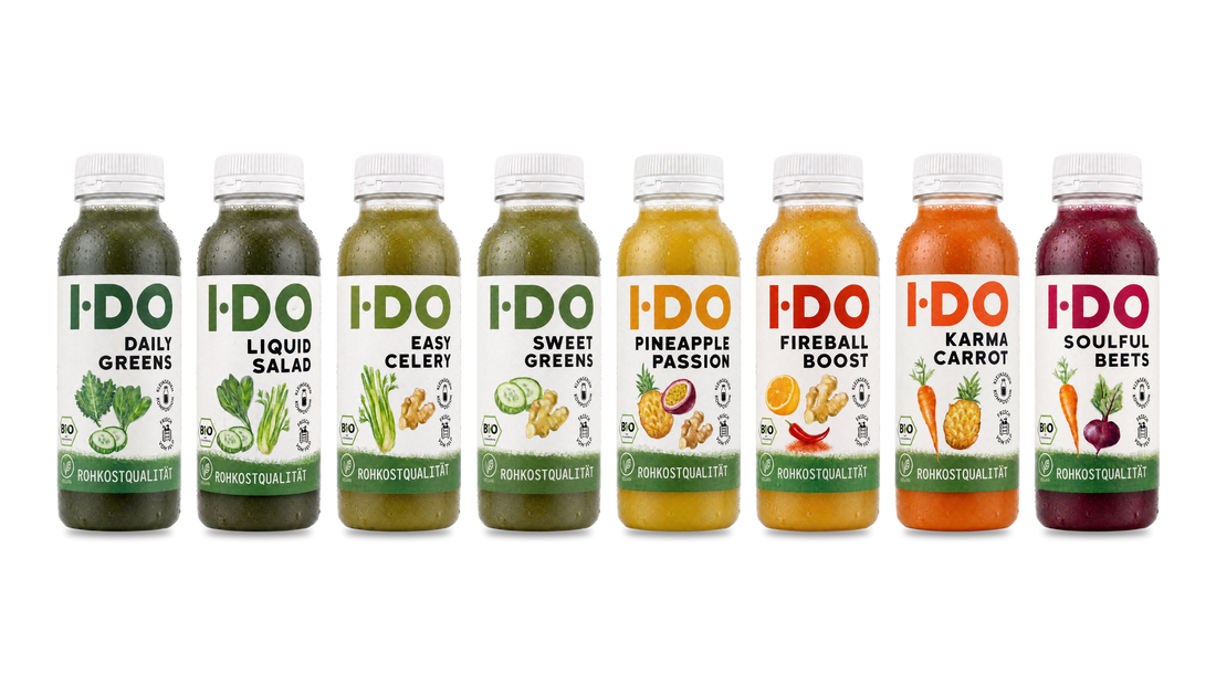 Acht I·DO Bio-Säfte der Balance Saftkur für einen Tag, von Daily Greens bis Soulful Beets