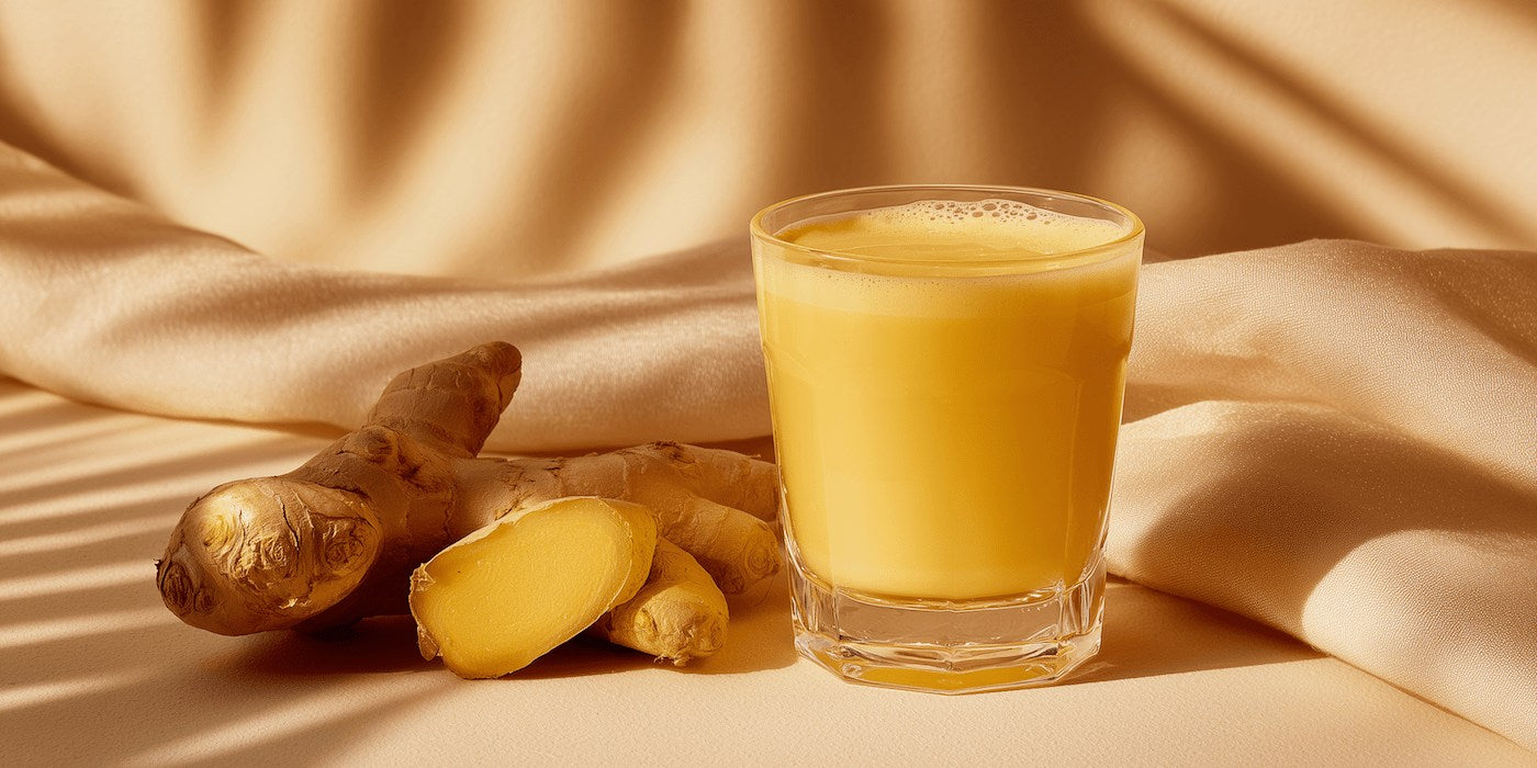 glass of cold pressed ginger juice with ginger roots