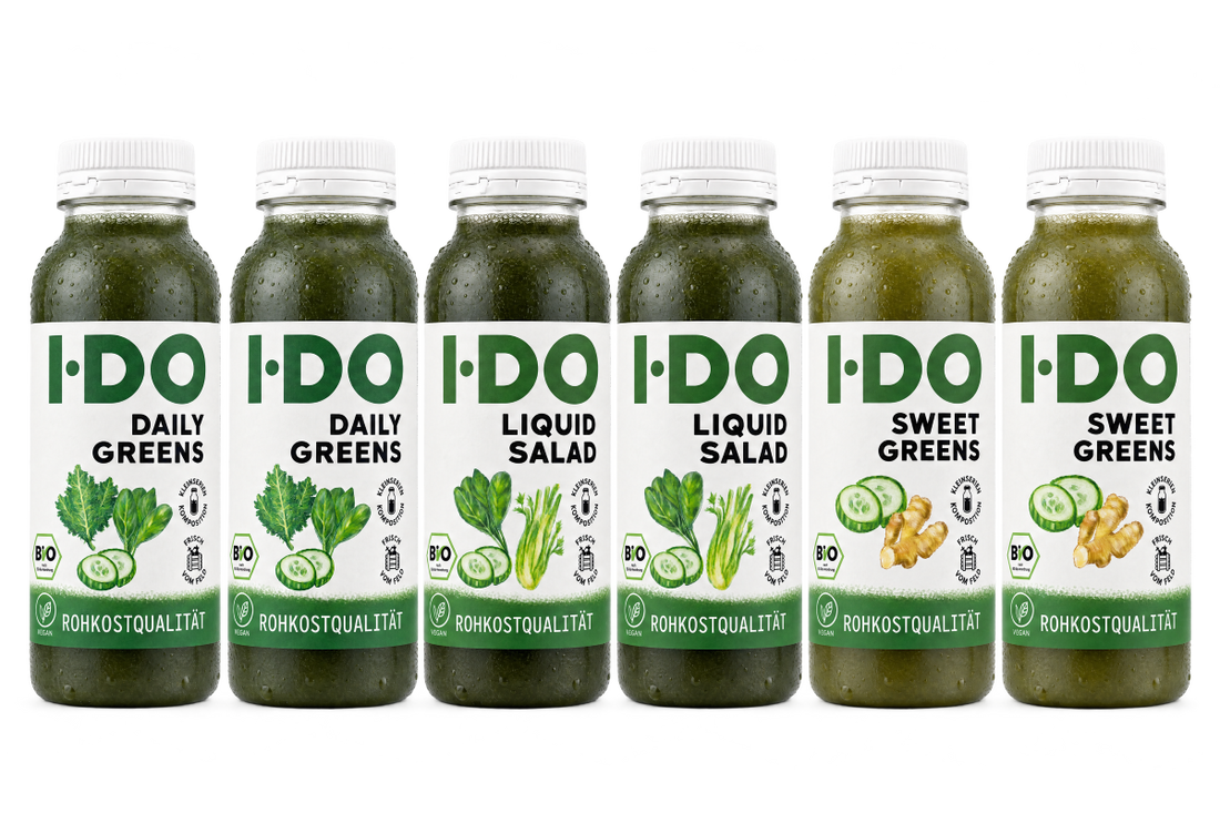 Lean Green Bio Saftkur 6 Tage von I·DO: 3 kaltgepresste Bio-Säfte von Daily Greens bis Sweet Greens