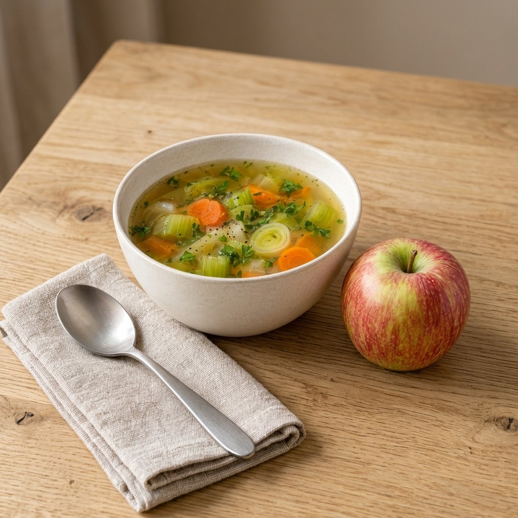Eine Schale Gemüsesuppe und ein Apfel auf einem Tisch