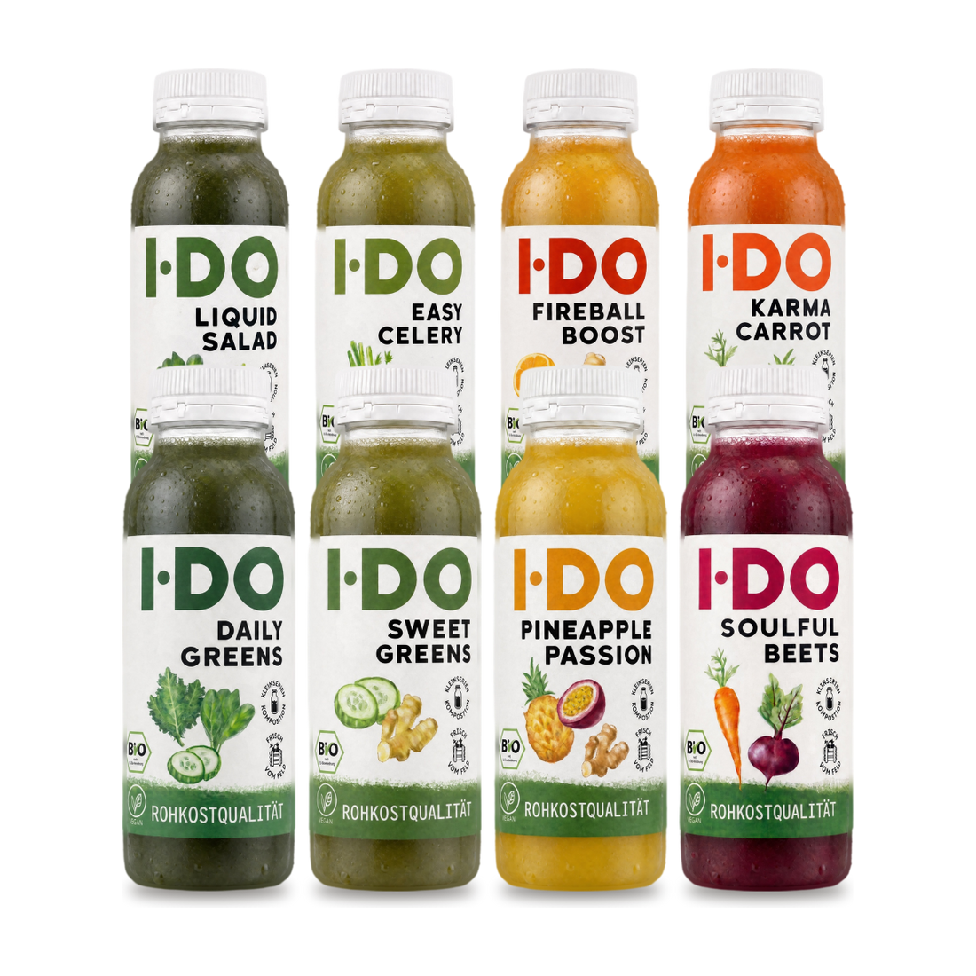 Bio Balance Saftkur von I·DO: acht kaltgepresste Bio-Säfte für einen Tag, von Daily Greens bis Soulful Beets