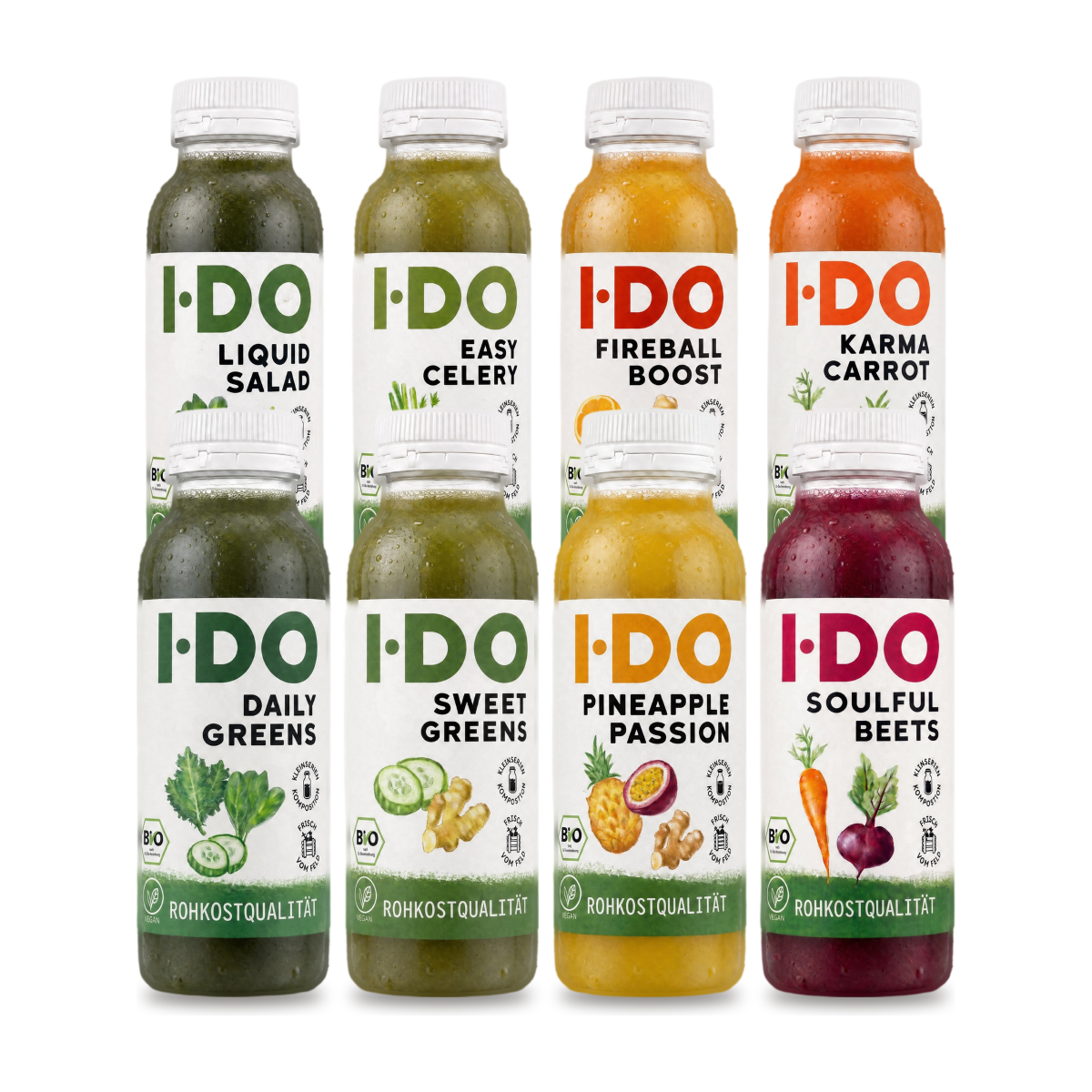 Bio Balance Saftkur von I·DO: acht kaltgepresste Bio-Säfte für einen Tag, von Daily Greens bis Soulful Beets