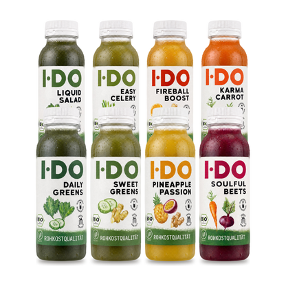 Bio Balance Saftkur von I·DO: acht kaltgepresste Bio-Säfte für einen Tag, von Daily Greens bis Soulful Beets