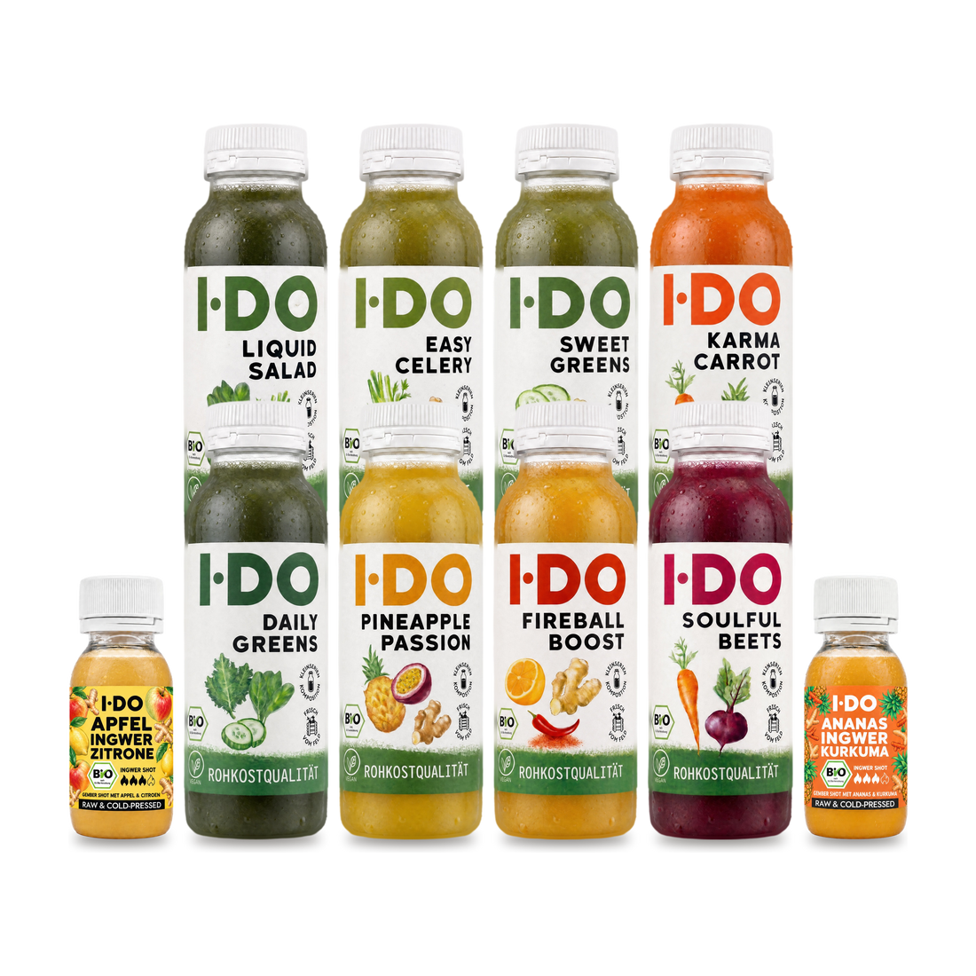 I·DO Bio-Saft-Probierpaket: acht kaltgepresste Bio-Säfte und zwei Bio-Ingwer-Shots, das ganze Sortiment zum Probieren