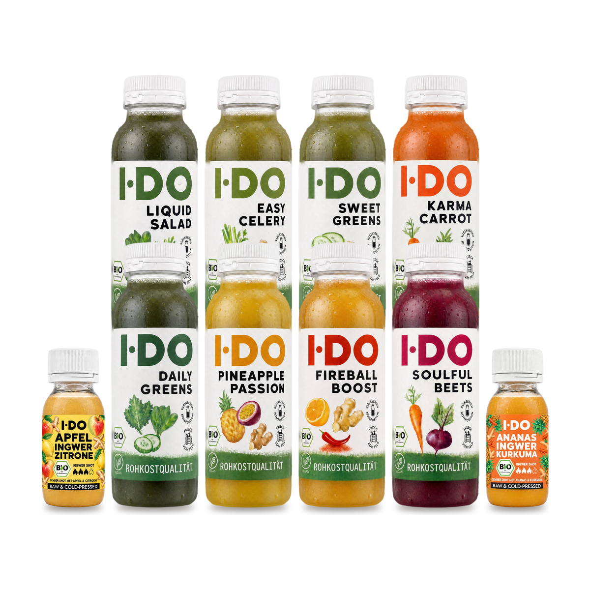 I·DO Bio-Saft-Probierpaket: acht kaltgepresste Bio-Säfte und zwei Bio-Ingwer-Shots, das ganze Sortiment zum Probieren