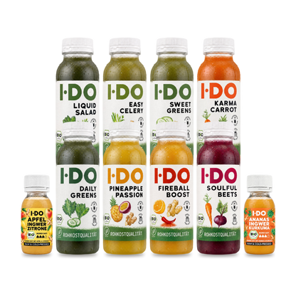 I·DO Bio-Saft-Probierpaket: acht kaltgepresste Bio-Säfte und zwei Bio-Ingwer-Shots, das ganze Sortiment zum Probieren