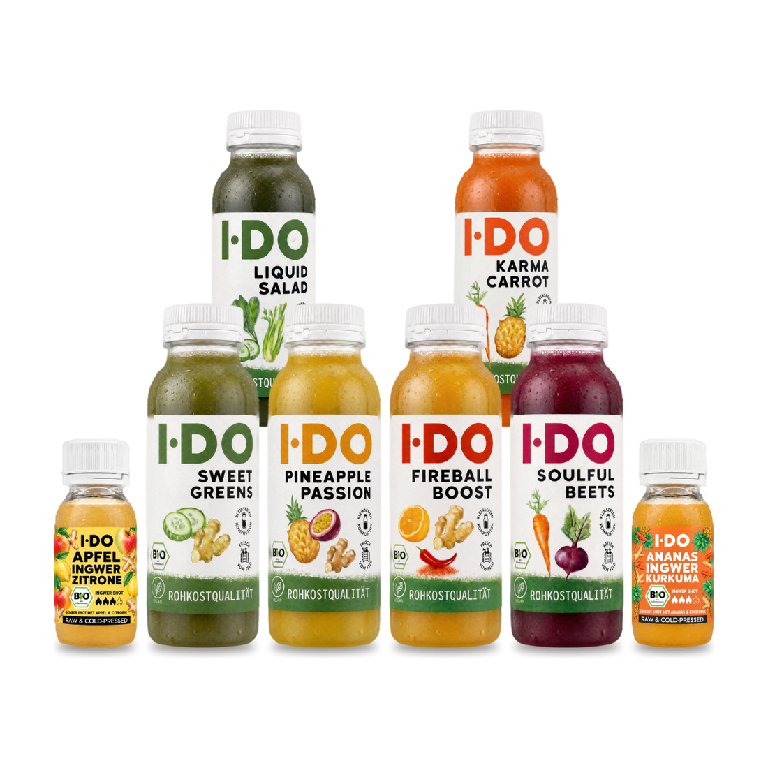 Bio Safttag von I·DO: sechs kaltgepresste Bio-Säfte und zwei Bio-Ingwer-Shots für einen Tag