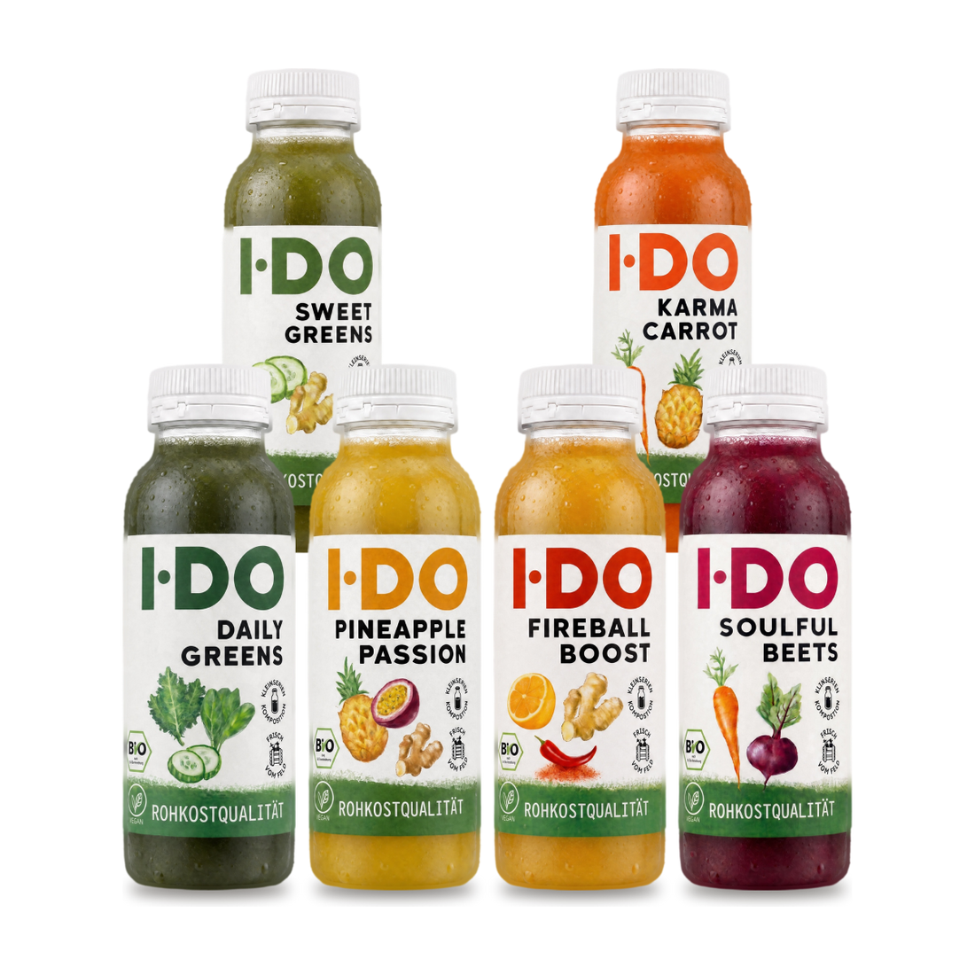 Easy Bio Saftkur von I·DO: sechs kaltgepresste Bio-Säfte für einen Tag, von Daily Greens bis Soulful Beets