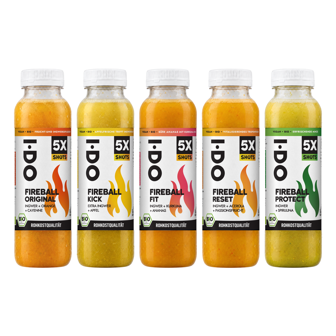Die fünf I·DO Fireball Bio-Ingwer-Maxi-Shots in 300-ml-Flaschen nebeneinander: Original, Kick, Fit, Reset und Protect