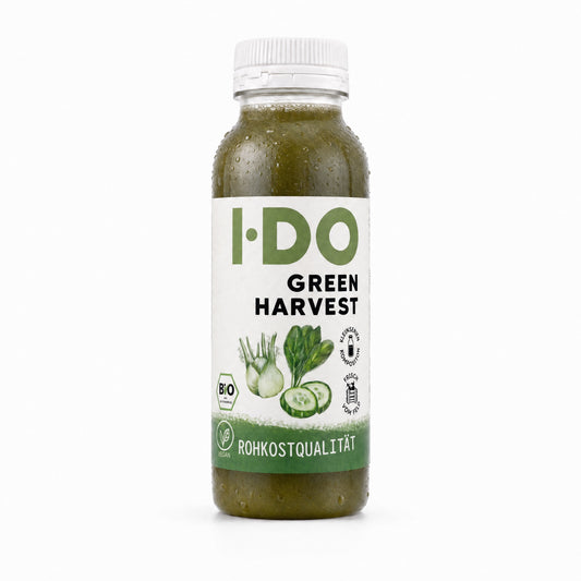 Green Harvest – kaltgepresster Bio-Saft von I·DO in der 240-ml-Flasche