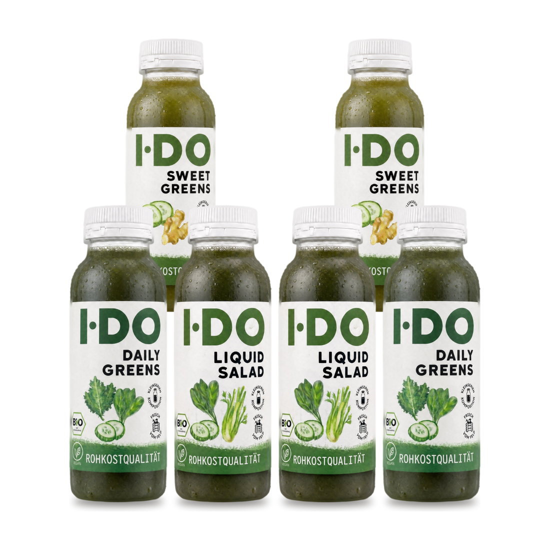Lean Green Bio Saftkur von I·DO: sechs grüne Bio-Säfte für einen Tag, je zweimal Daily Greens, Liquid Salad und Sweet Greens