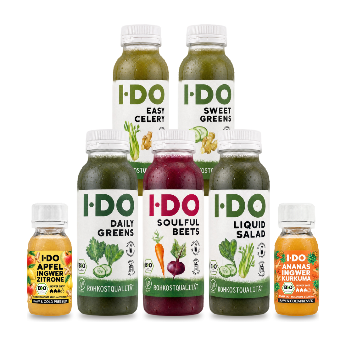 Post-Feiertags-Saftkur von I·DO: fünf kaltgepresste Bio-Säfte und zwei Bio-Ingwer-Shots für einen Tag