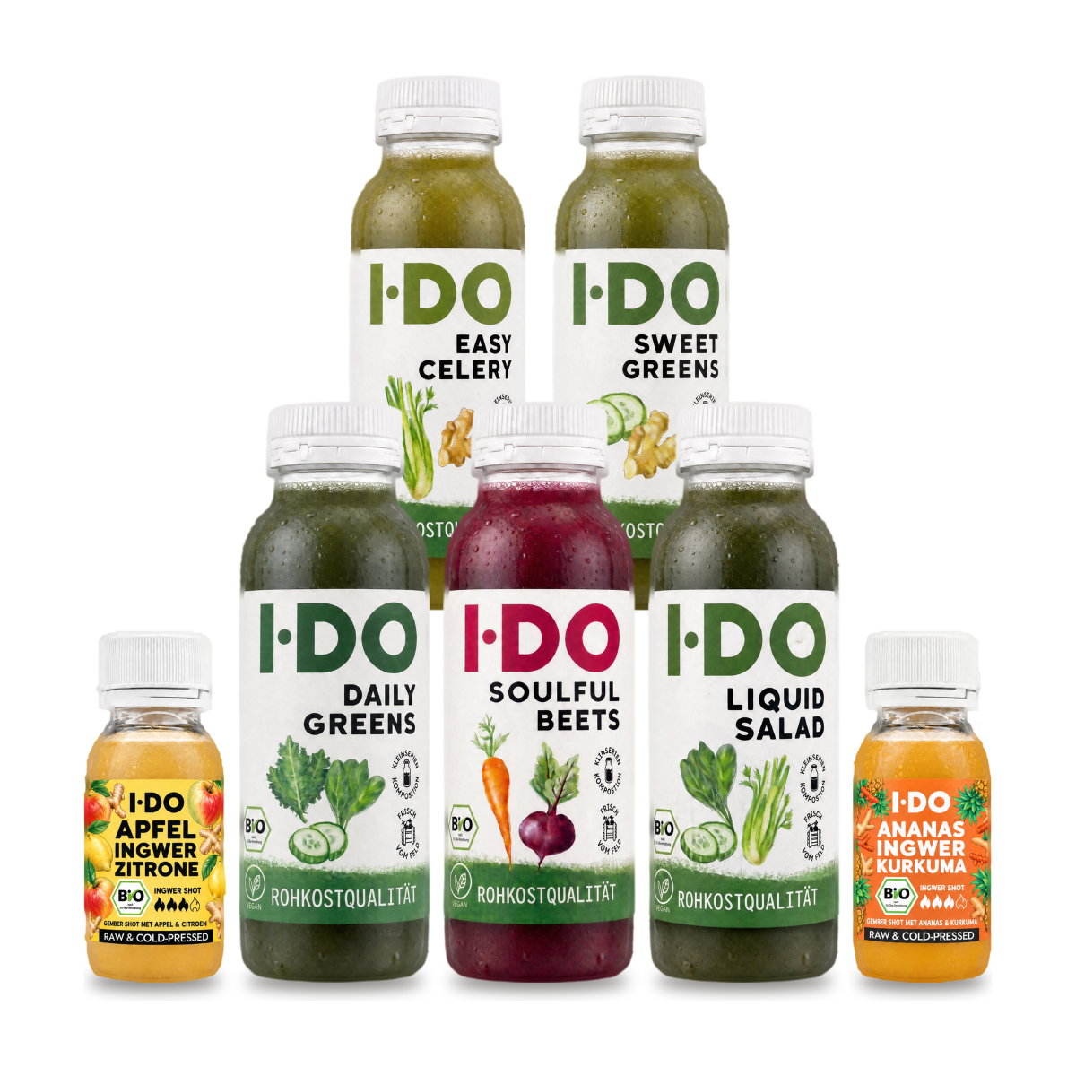 Post-Feiertags-Saftkur von I·DO: fünf kaltgepresste Bio-Säfte und zwei Bio-Ingwer-Shots für einen Tag
