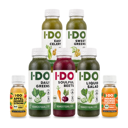 Post-Feiertags-Saftkur von I·DO: fünf kaltgepresste Bio-Säfte und zwei Bio-Ingwer-Shots für einen Tag