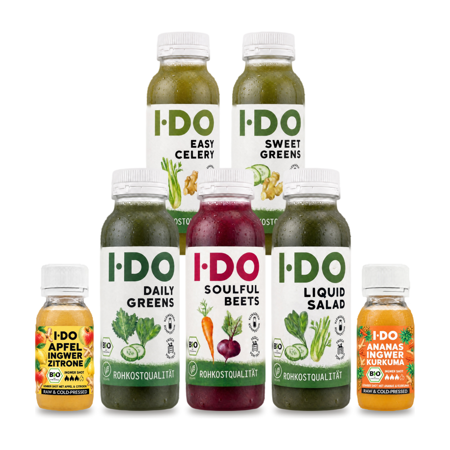 Post-Feiertags-Saftkur von I·DO: fünf kaltgepresste Bio-Säfte und zwei Bio-Ingwer-Shots für einen Tag