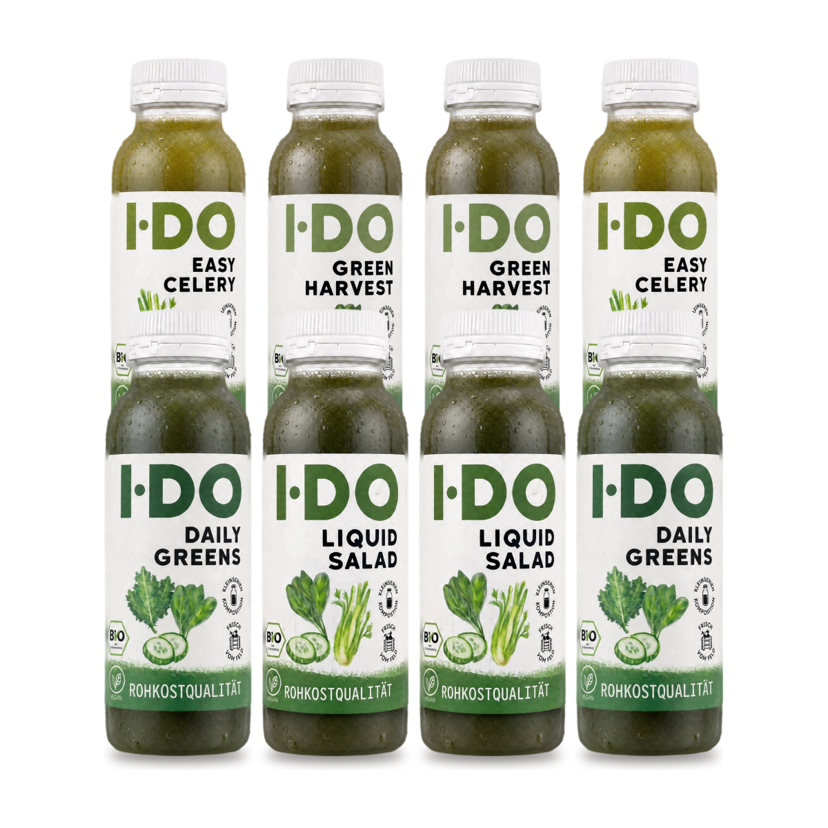 Simply Green Bio Saftkur von I·DO: acht grüne Bio-Säfte für einen Tag, je zweimal Daily Greens, Liquid Salad, Easy Celery und Green Harvest