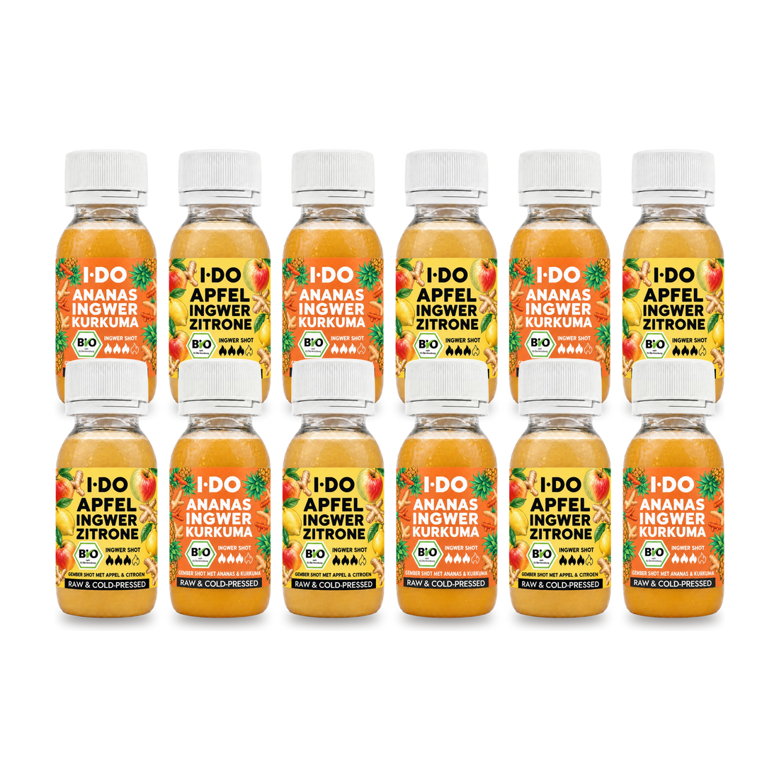 XL Mixed Bio Ingwer Shots Paket von I·DO: Bio-Ingwer-Shots Apfel Ingwer Zitrone und Ananas Ingwer Kurkuma