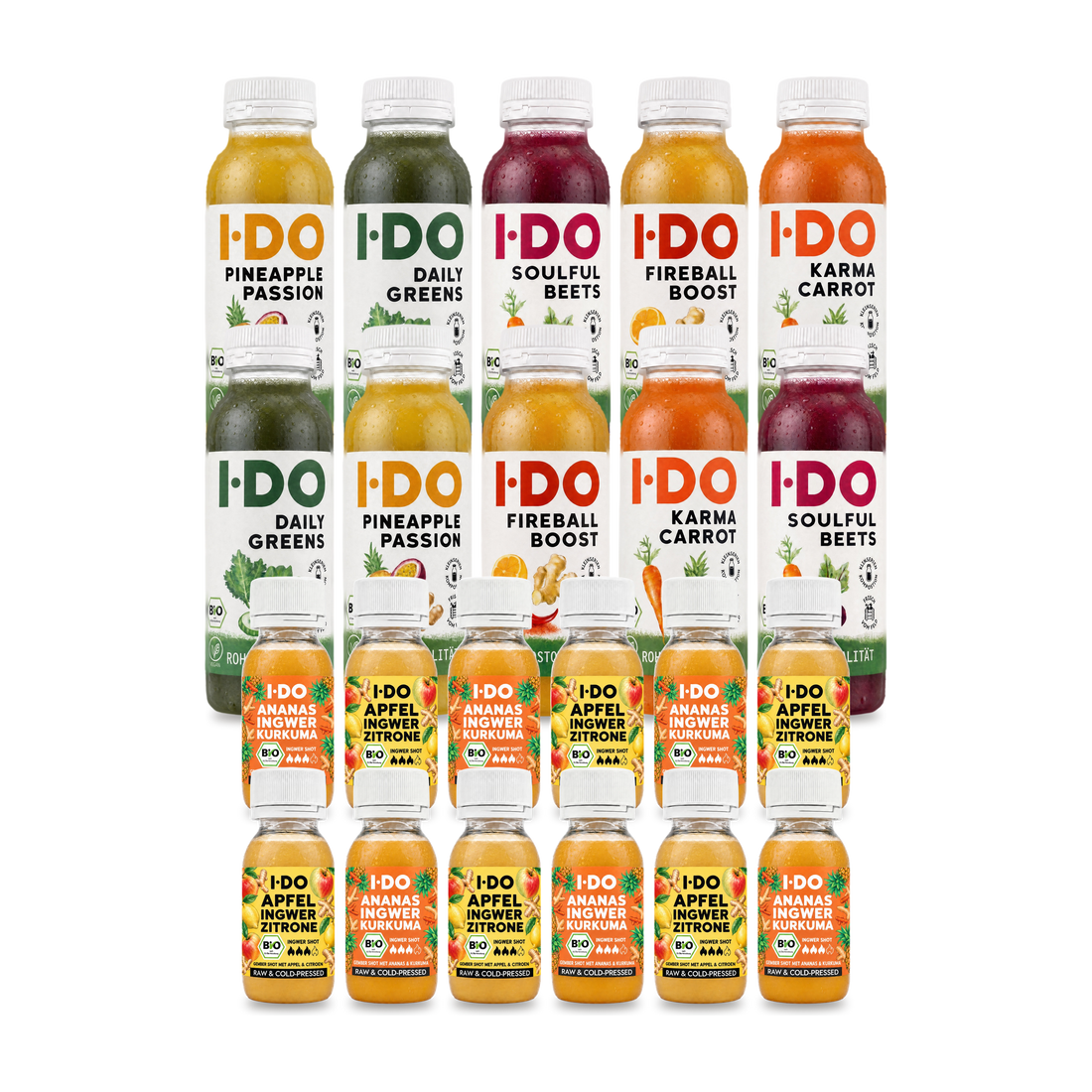 Zurück-zum-Sport-Programm von I·DO: zehn kaltgepresste Bio-Säfte und zwölf Bio-Ingwer-Shots für 10 Tage