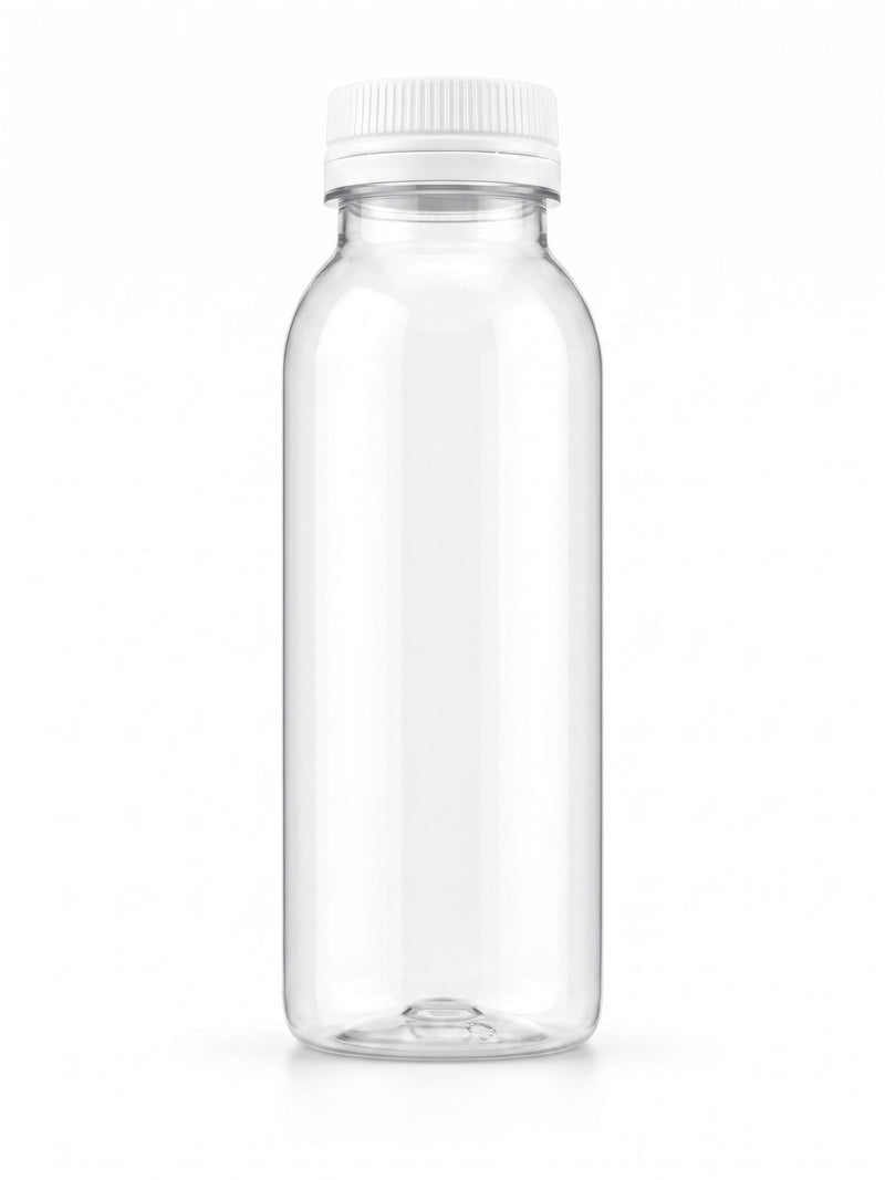 Eine leere, unetikettierte I·DO PET-Flasche mit weißem Schraubverschluss vor weißem Studiohintergrund
