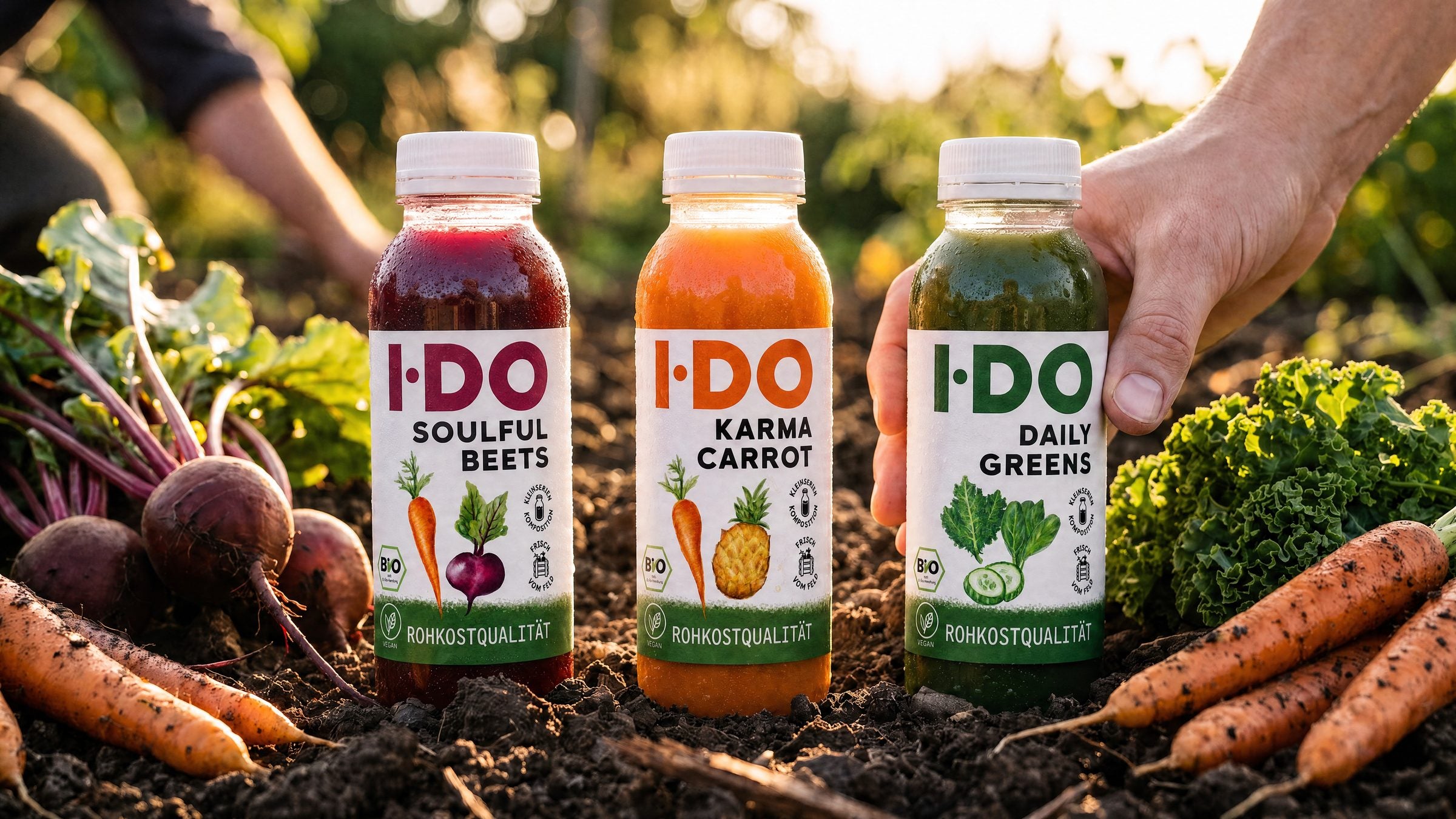 Drei I·DO Bio-Säfte – Soulful Beets, Karma Carrot und Daily Greens – stehen in dunkler Ackererde; eine Hand nimmt eine Flasche, im Hintergrund Ernte im goldenen Abendlicht