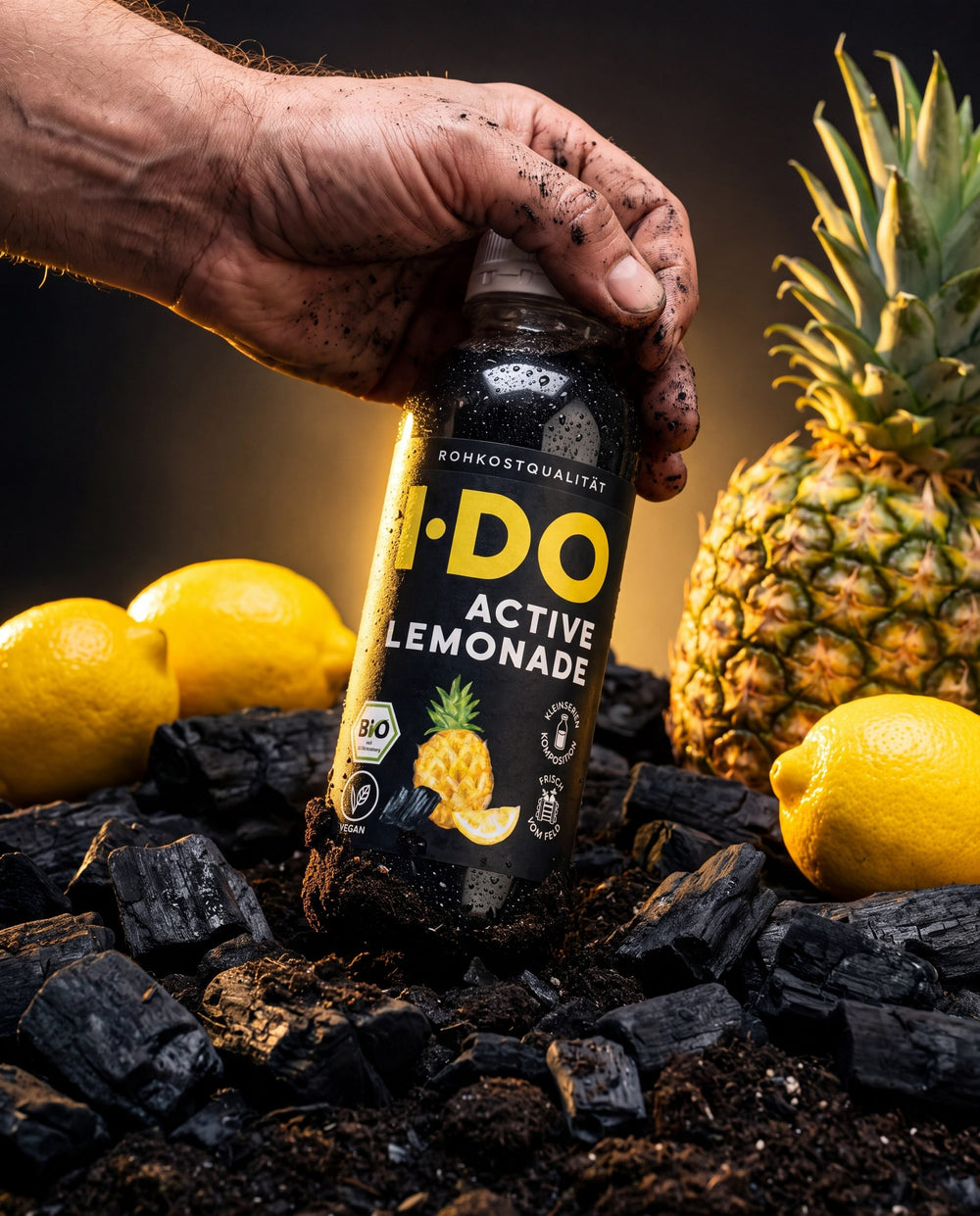 I·DO Active Lemonade Saft, frisch vom Feld, zwischen seinen rohen Zutaten