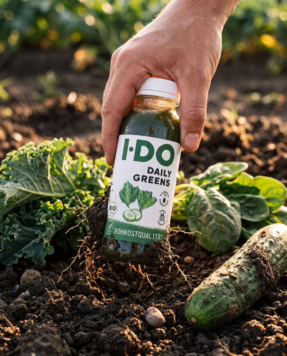 I·DO Daily Greens Saft, frisch vom Feld, zwischen seinen rohen Zutaten