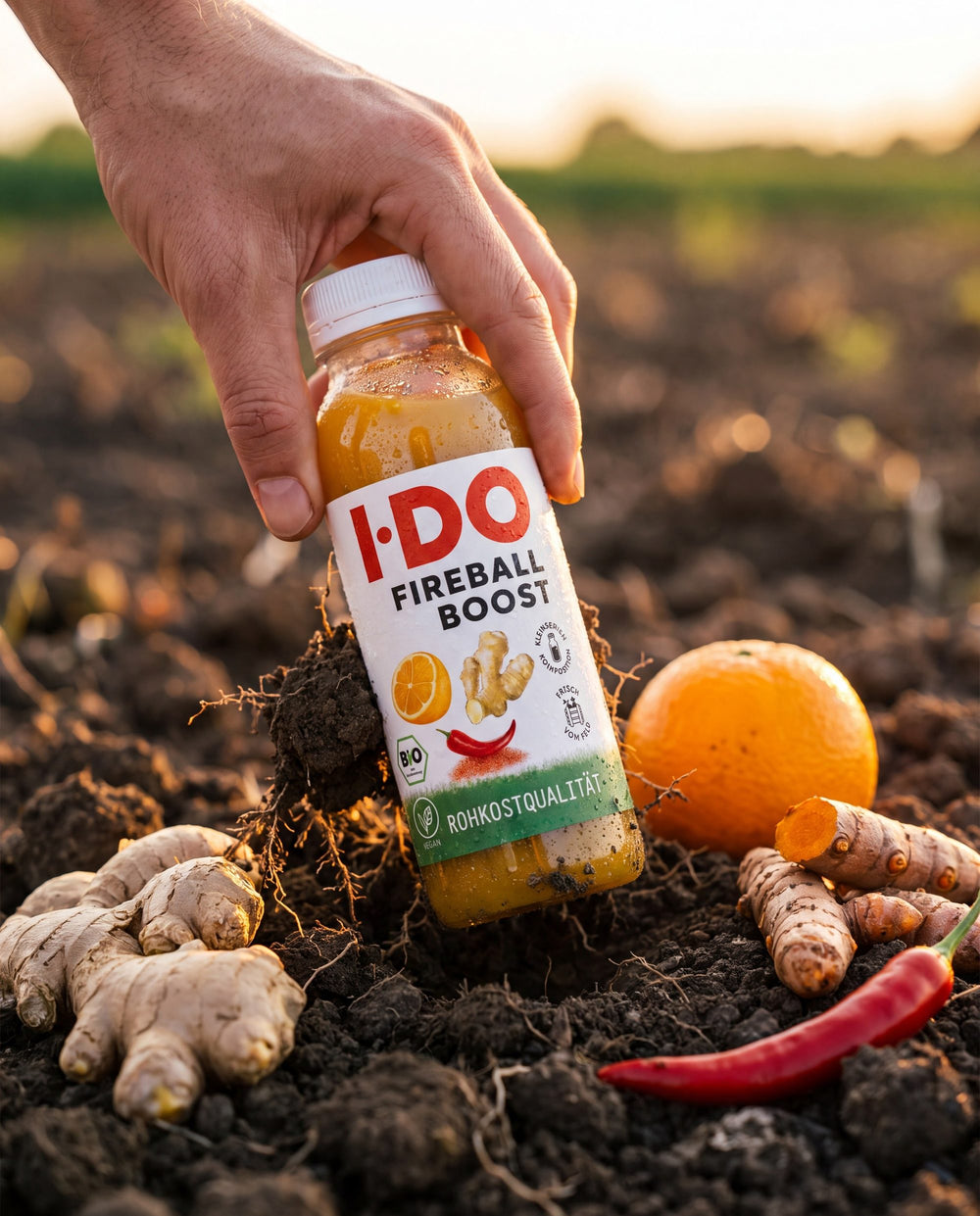 I·DO Fireball Boost Saft, frisch vom Feld, zwischen seinen rohen Zutaten