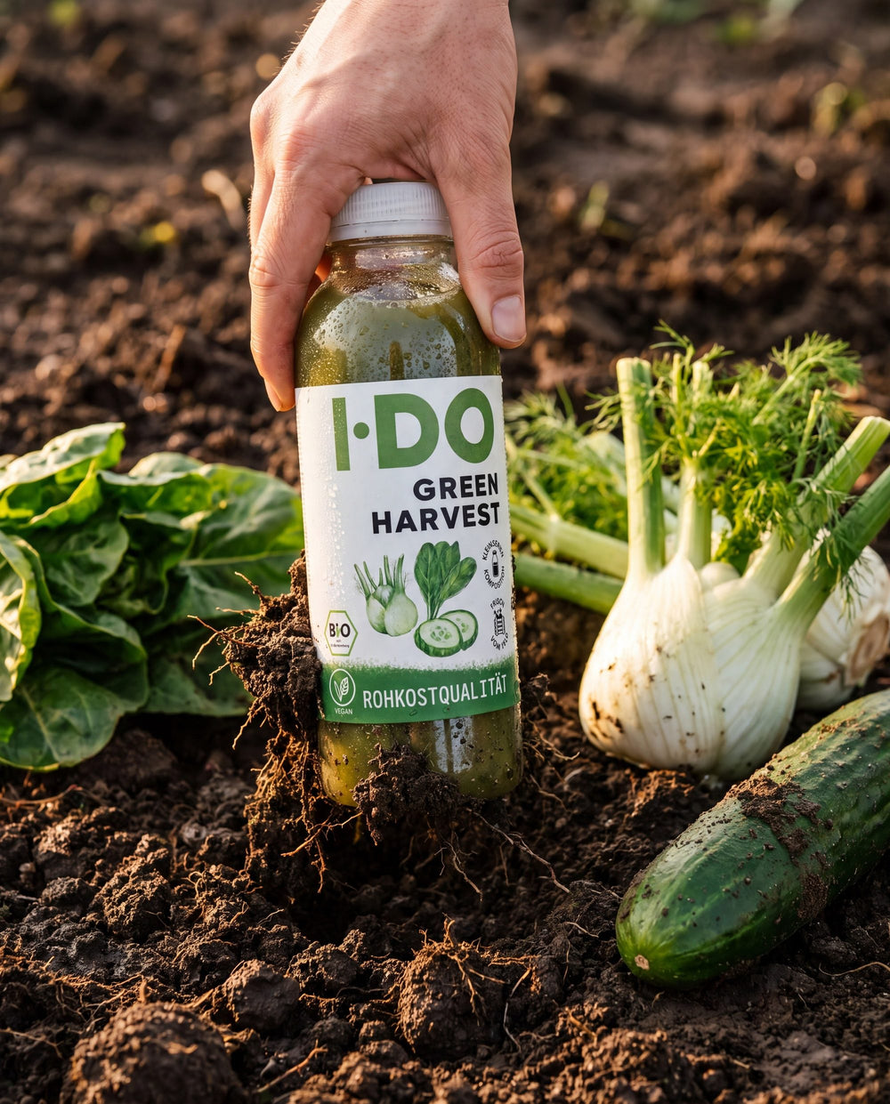 I·DO Green Harvest Saft, frisch vom Feld, zwischen seinen rohen Zutaten