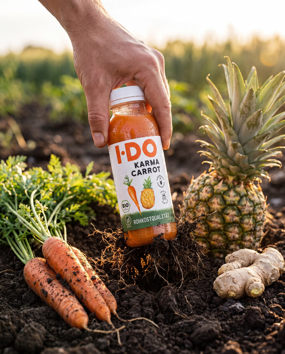 I·DO Karma Carrot Saft, frisch vom Feld, zwischen seinen rohen Zutaten