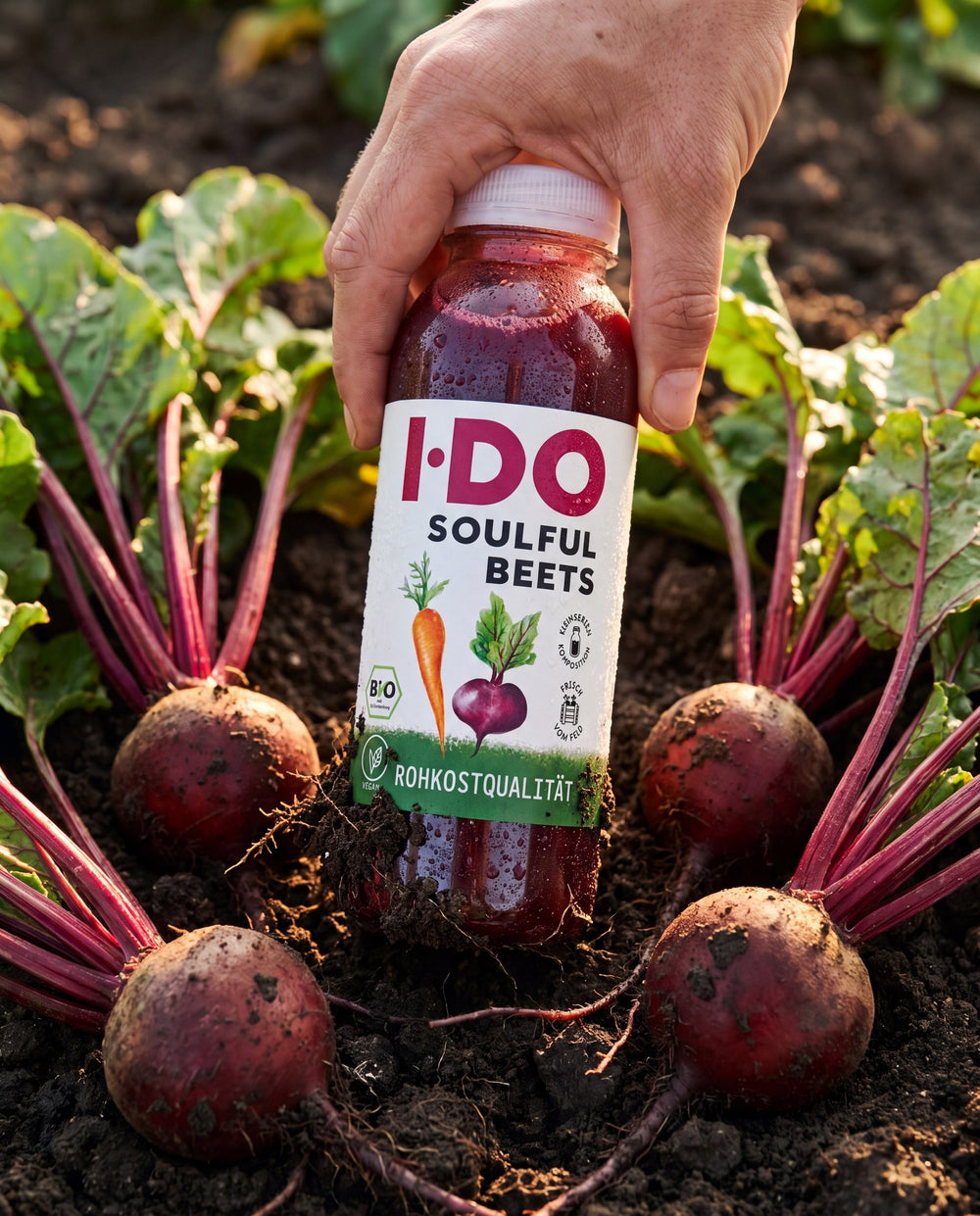 I·DO Soulful Beets Saft, frisch vom Feld, zwischen seinen rohen Zutaten