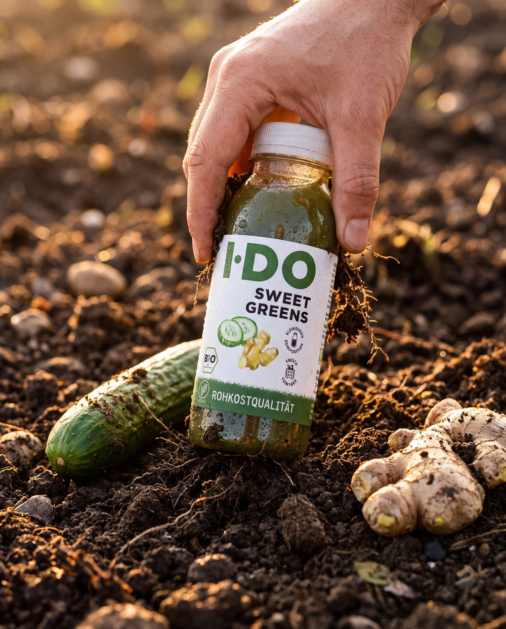 I·DO Sweet Greens Saft, frisch vom Feld, zwischen seinen rohen Zutaten